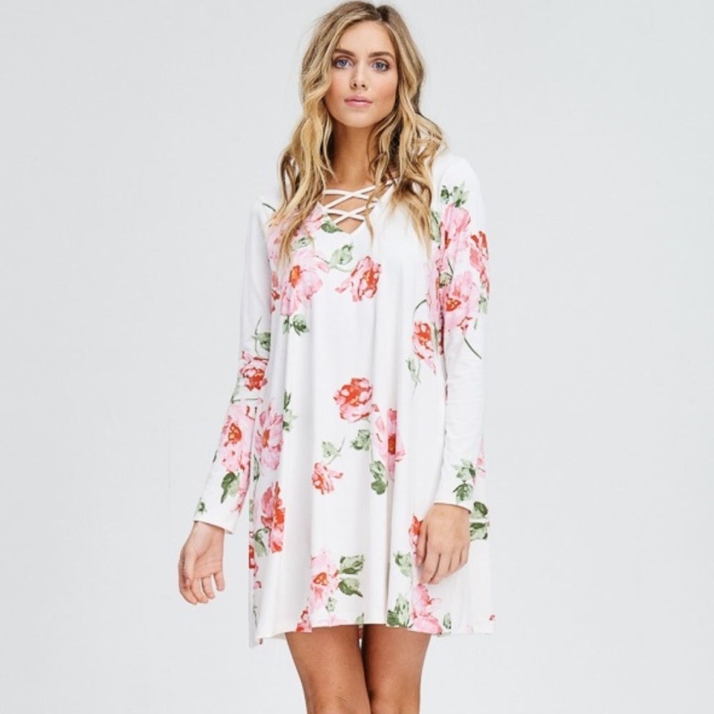 Cross Front Floral Long-Sleeve Dress